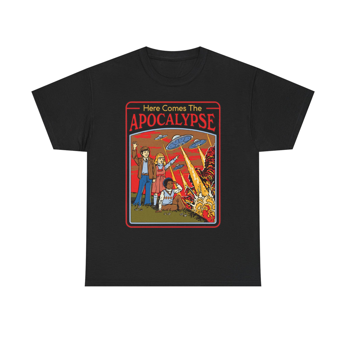 Apocalypse Comic Tee — "Here Comes The Apocalypse" Retro UFO Graphic Shirt