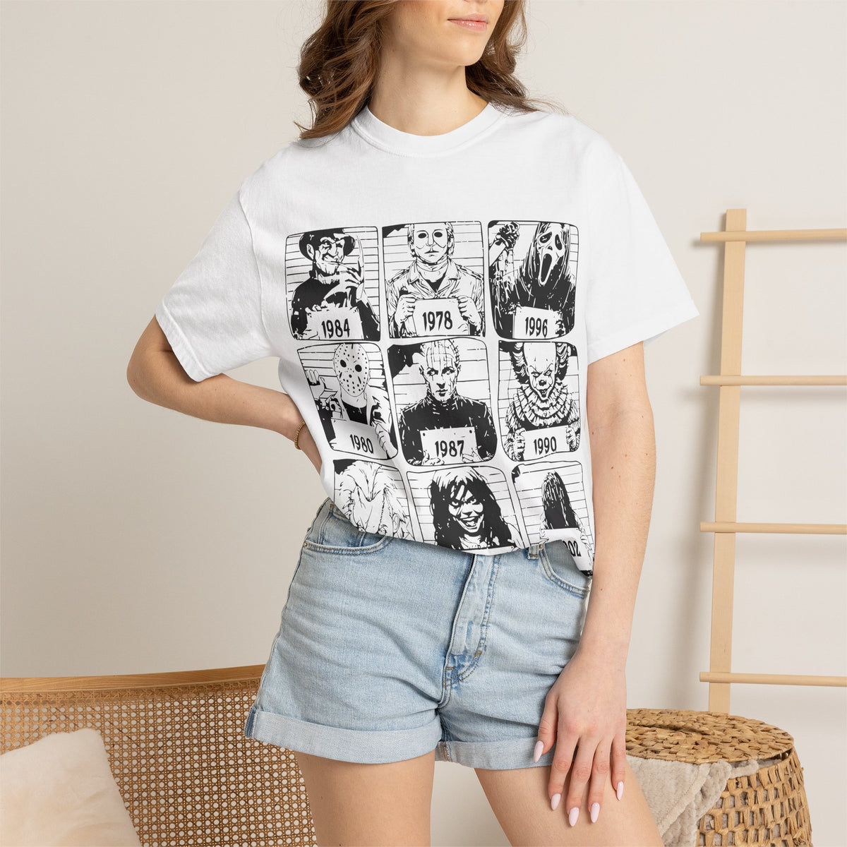 Horror Manga Years Grid T-Shirt — Vintage Anime Faces 1973–2002