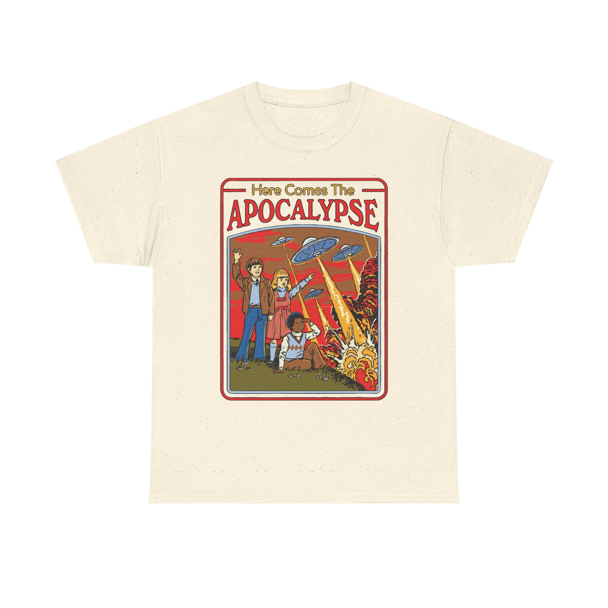 Apocalypse Comic Tee — "Here Comes The Apocalypse" Retro UFO Graphic Shirt