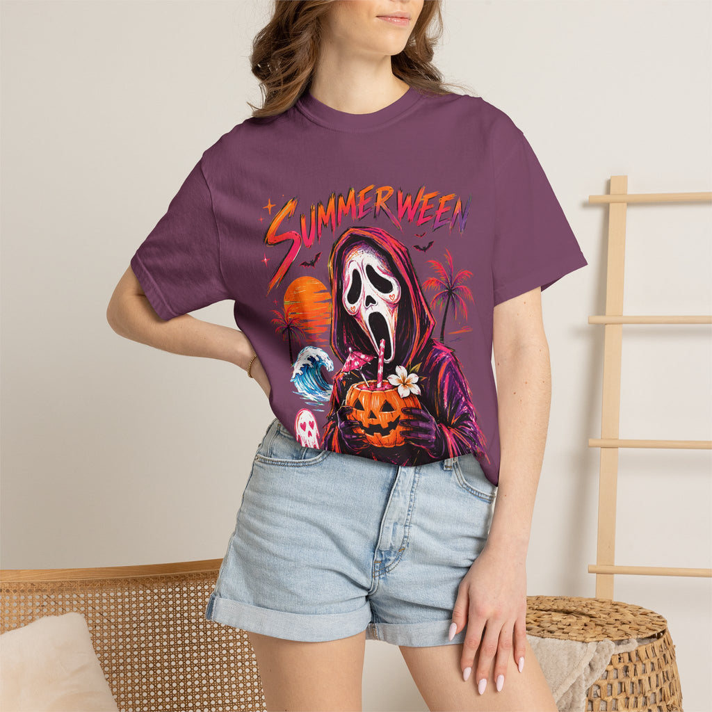 Summerween T-Shirt — Retro Horror Scream Mask Pumpkin Tee