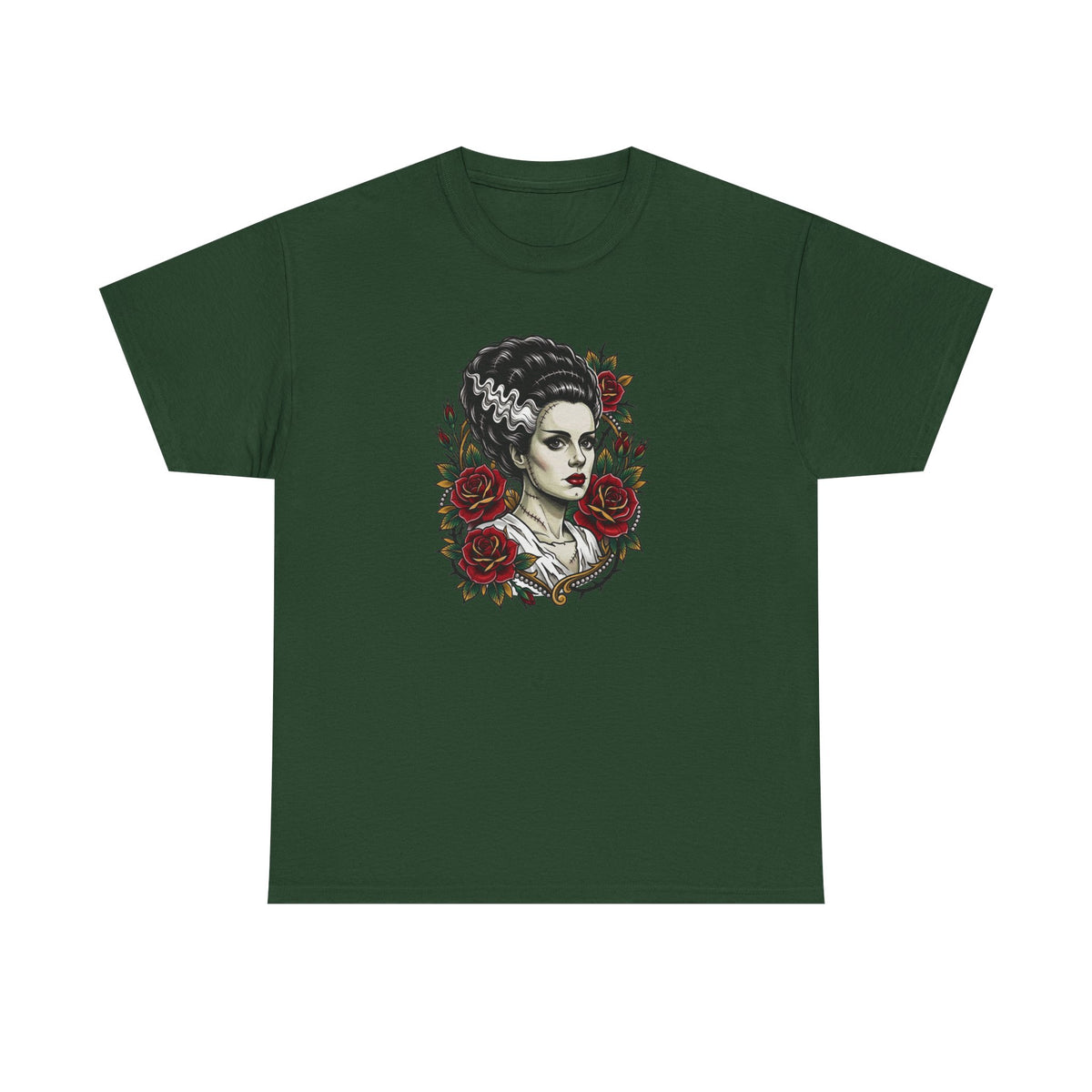 Bride of Frankenstein Tee — Gothic Portrait with Red Roses