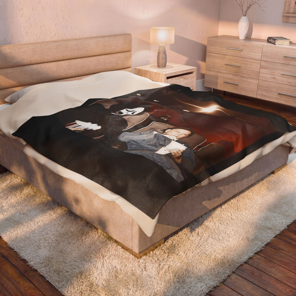 Horror Movie Night Velveteen Plush Blanket – Scream Mask Popcorn Design