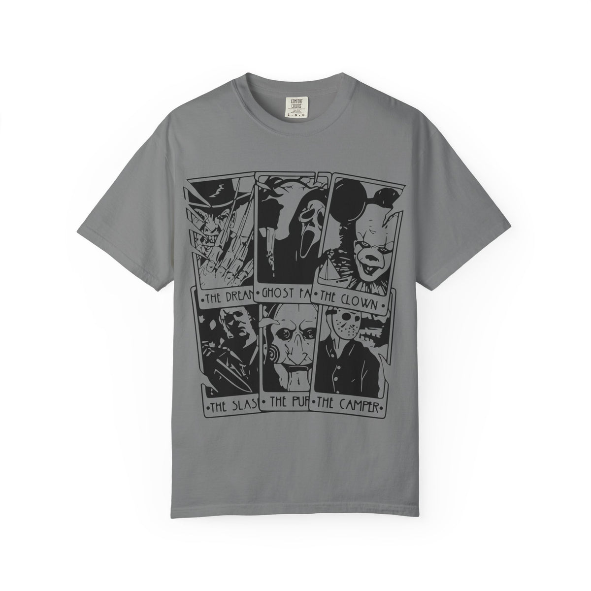 Horror Comic Panel T-Shirt — "The Dream, Ghost, Clown, Slasher, Puppet, Camper" Graphic Tee