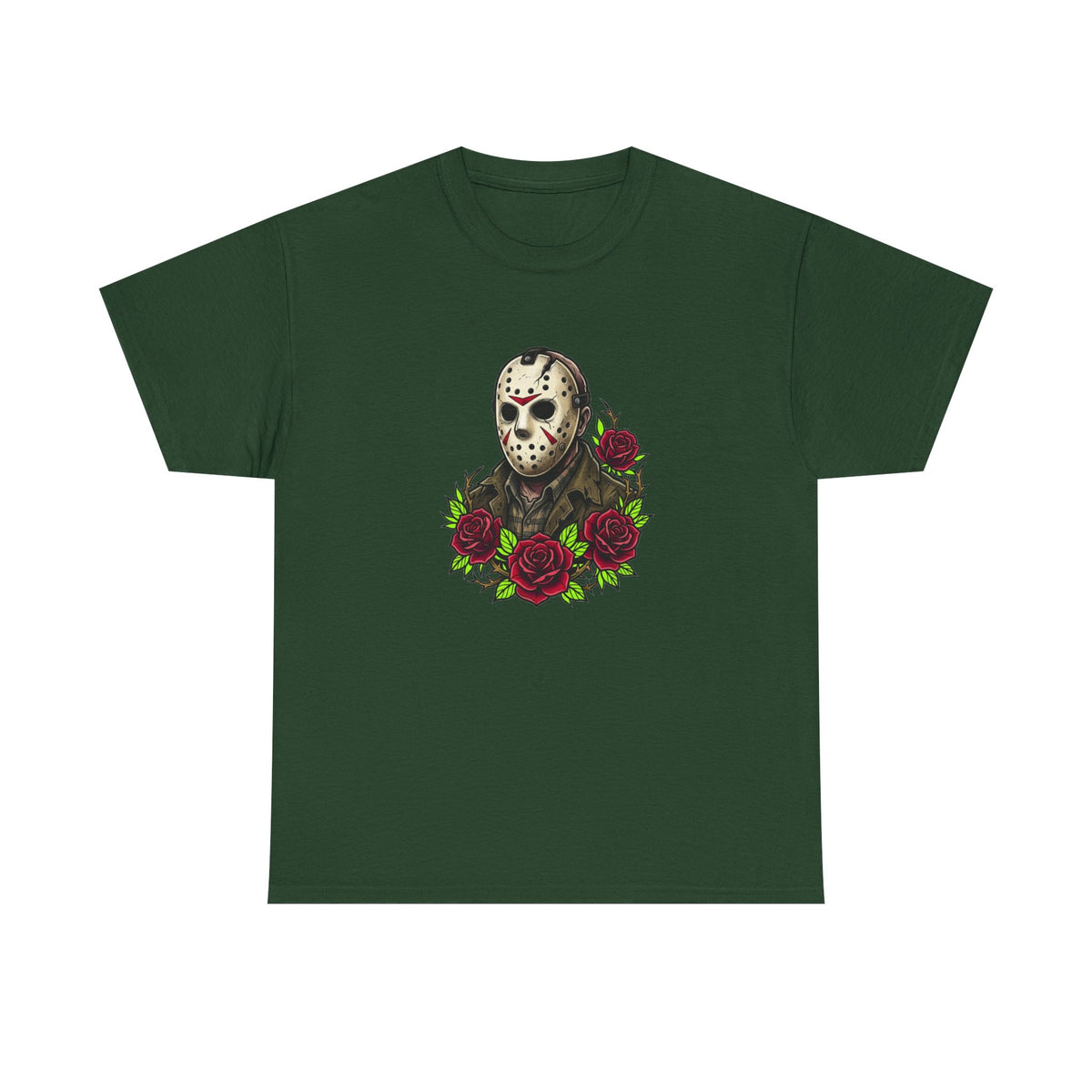 Horror Mask & Roses Tee — Jason-Inspired Skull Mask Graphic T-Shirt for Horror Fans