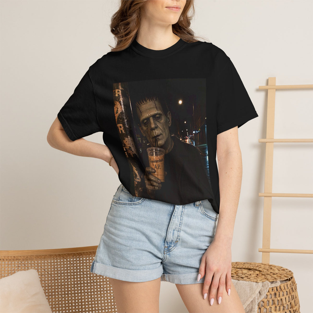 Frankenstein Nightlife Graphic T‑Shirt — Vintage Monster Drinking Photo Tee
