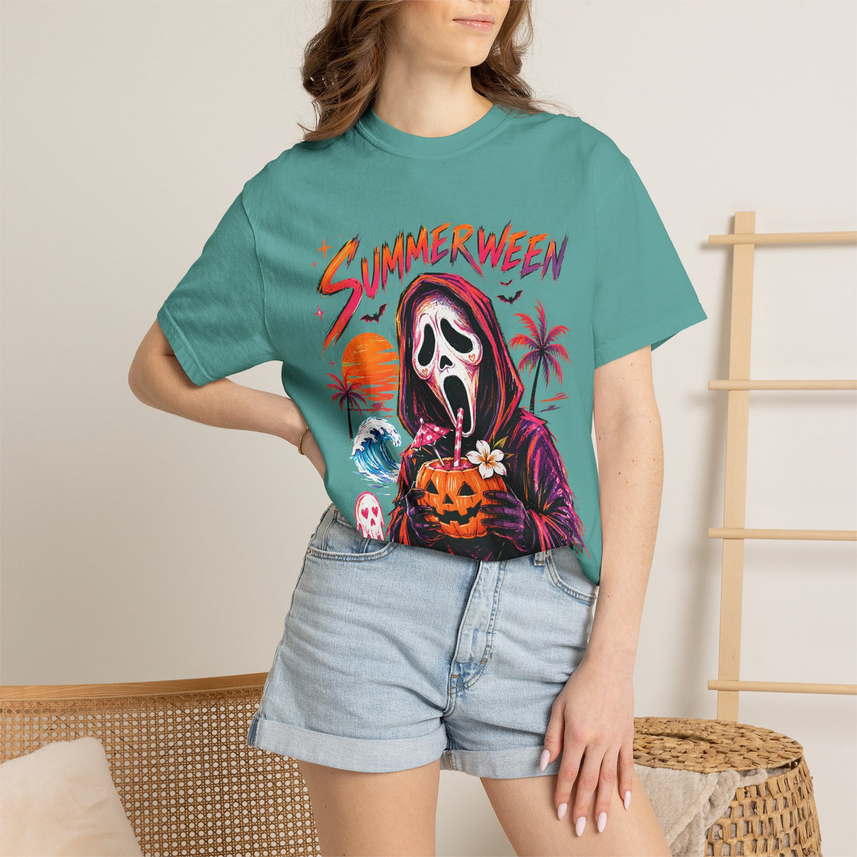 Summerween T-Shirt — Retro Horror Scream Mask Pumpkin Tee
