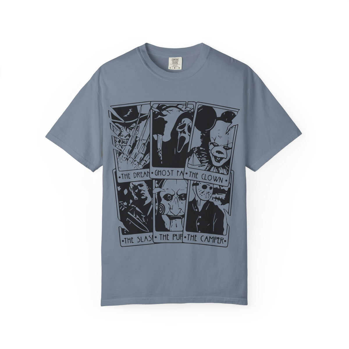 Horror Comic Panel T-Shirt — "The Dream, Ghost, Clown, Slasher, Puppet, Camper" Graphic Tee