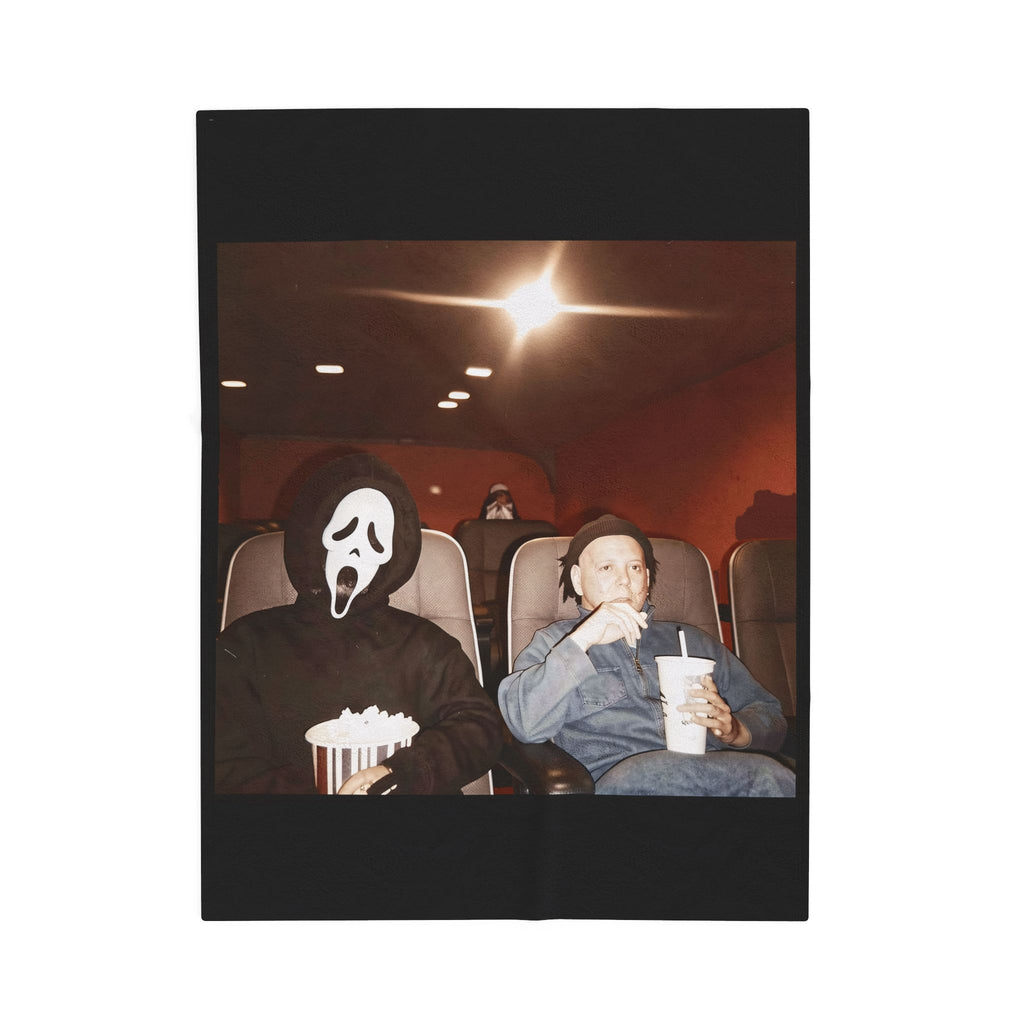 Horror Movie Night Velveteen Plush Blanket – Scream Mask Popcorn Design
