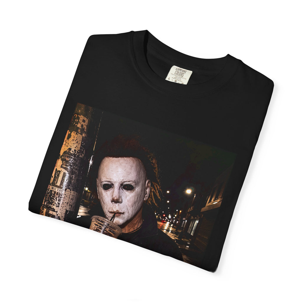 Horror Mask Photo T-Shirt — Michael-Style Mask Drinking Design