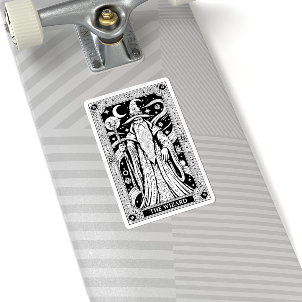 Wizard Tarot Kiss-Cut Sticker — Mystical Black & White Mage Design
