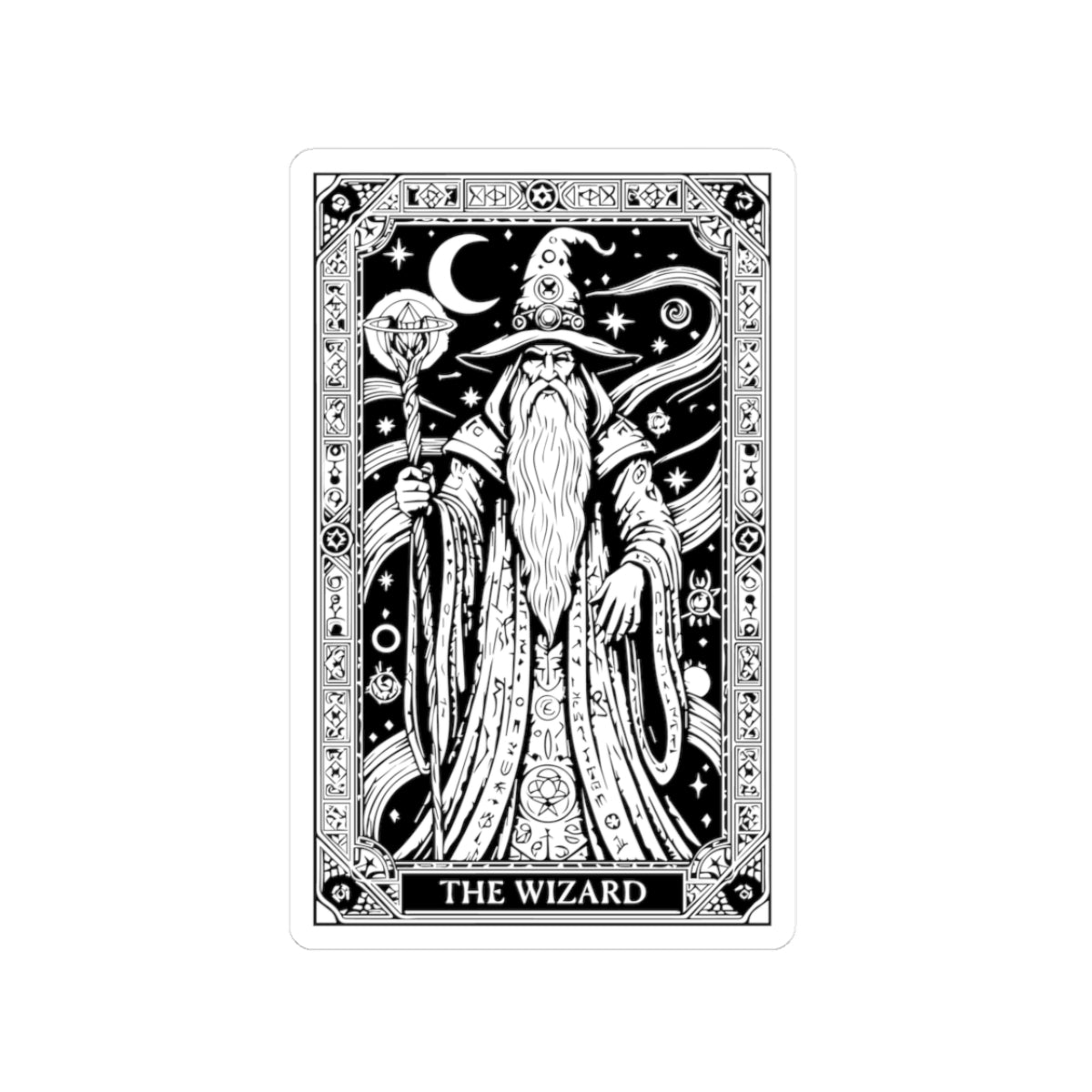 Wizard Tarot Kiss-Cut Sticker — Mystical Black & White Mage Design