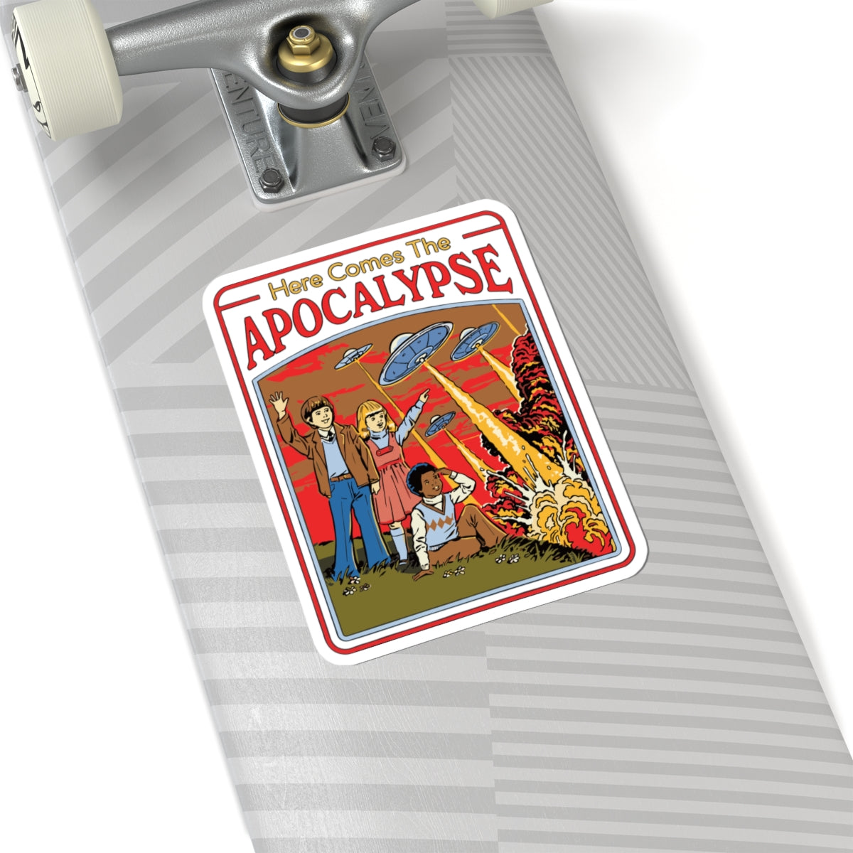 Here Comes the Apocalypse Sticker — Retro UFO & Explosion Kiss-Cut Decal