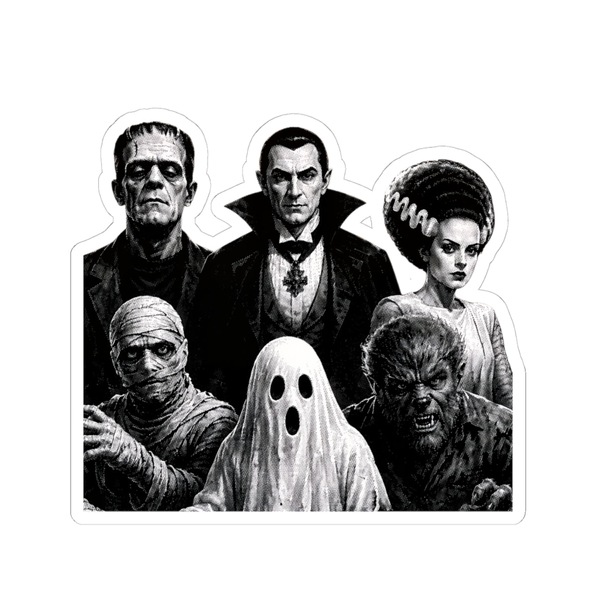 Classic Horror Monsters Kiss-Cut Sticker — Vintage Dracula, Frankenstein, Bride, Mummy & Wolfman Decal
