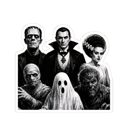 Classic Horror Monsters Kiss-Cut Sticker — Vintage Dracula, Frankenstein, Bride, Mummy & Wolfman Decal