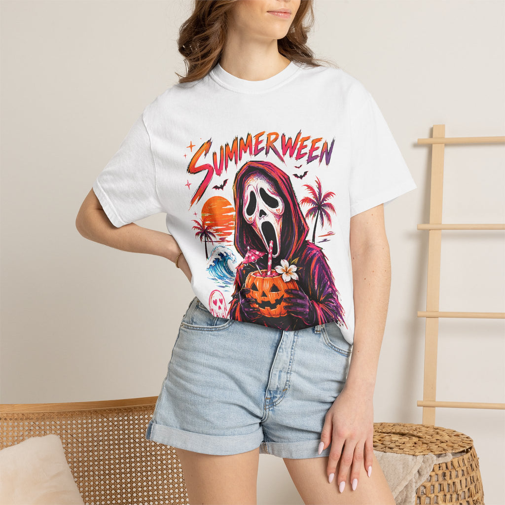 Summerween T-Shirt — Retro Horror Scream Mask Pumpkin Tee