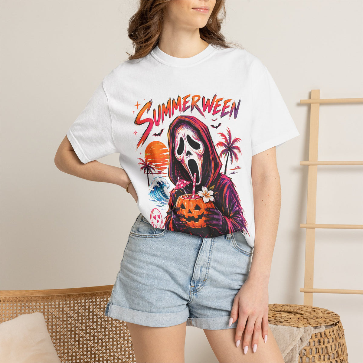 Summerween T-Shirt — Retro Horror Scream Mask Pumpkin Tee