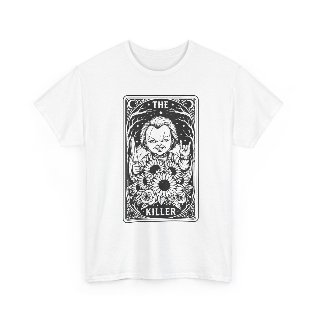 Killer Tarot Tee — Black & White Occult Sunflower Graphic T-Shirt