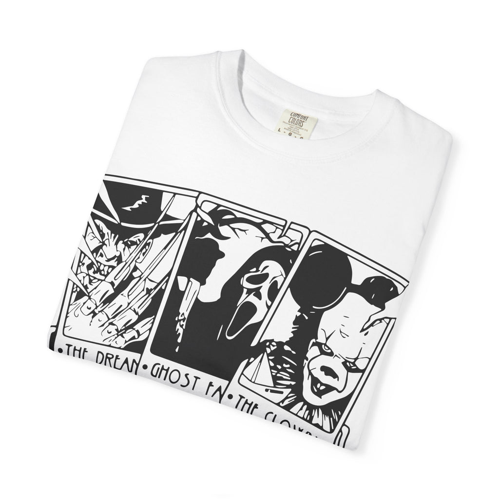 Horror Comic Panel T-Shirt — "The Dream, Ghost, Clown, Slasher, Puppet, Camper" Graphic Tee