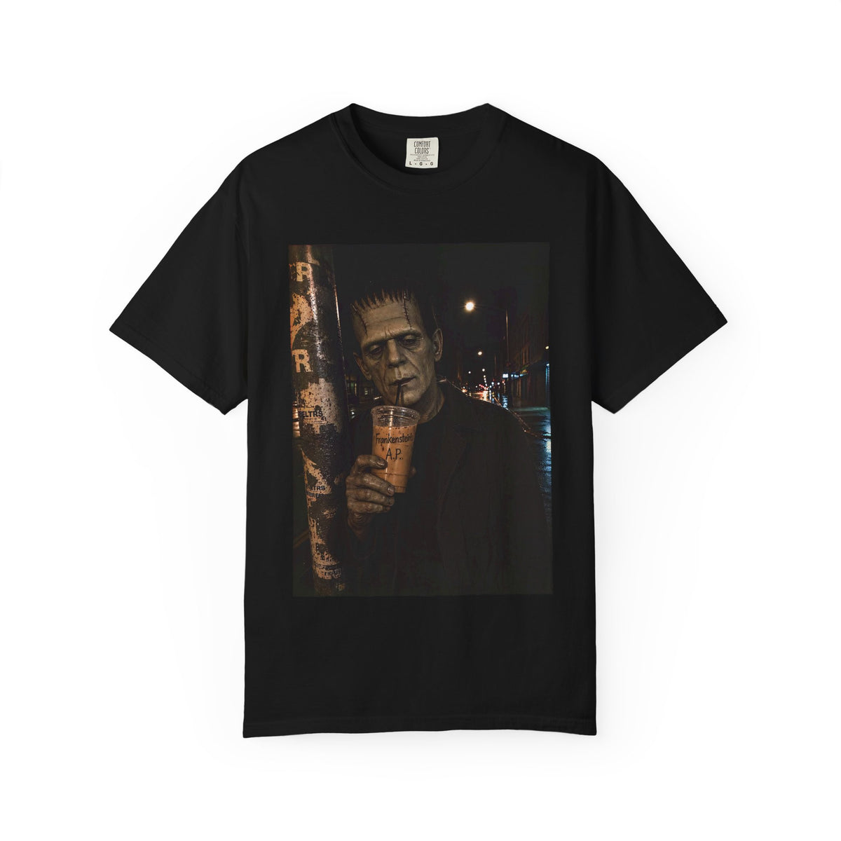 Frankenstein Nightlife Graphic T‑Shirt — Vintage Monster Drinking Photo Tee