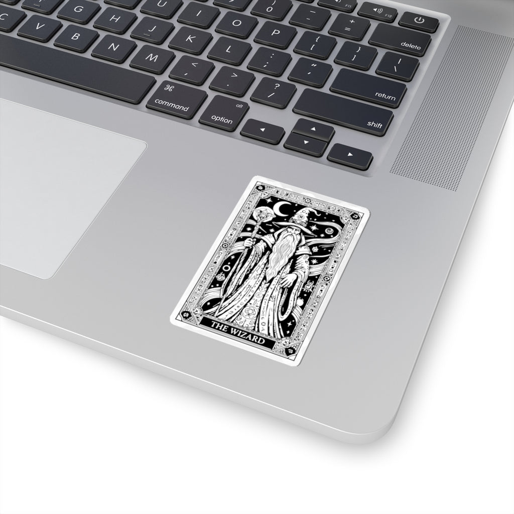 Wizard Tarot Kiss-Cut Sticker — Mystical Black & White Mage Design