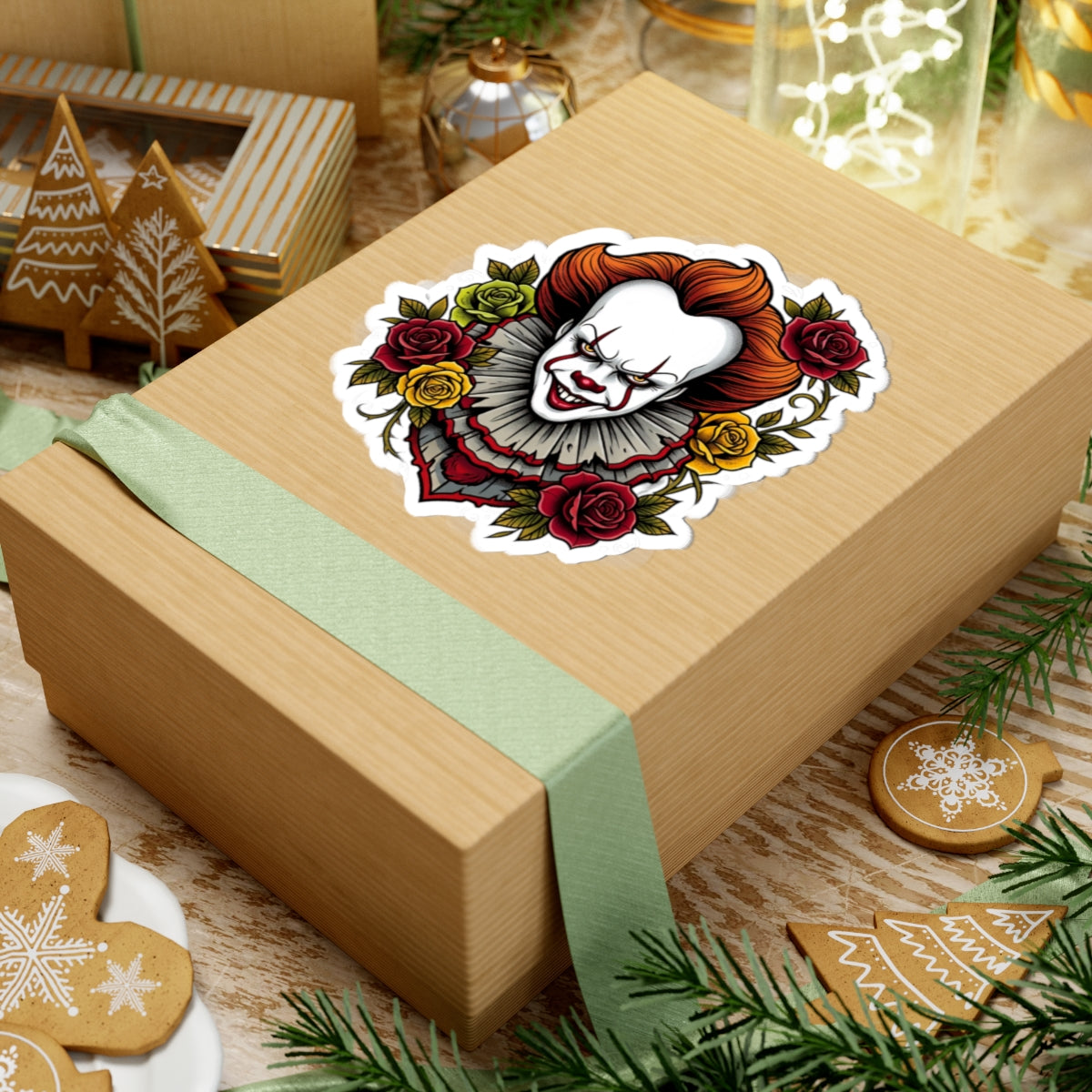 Sticker — Pennywise Horror Clown Floral Kiss-Cut Sticker (Creepy Rose Design)