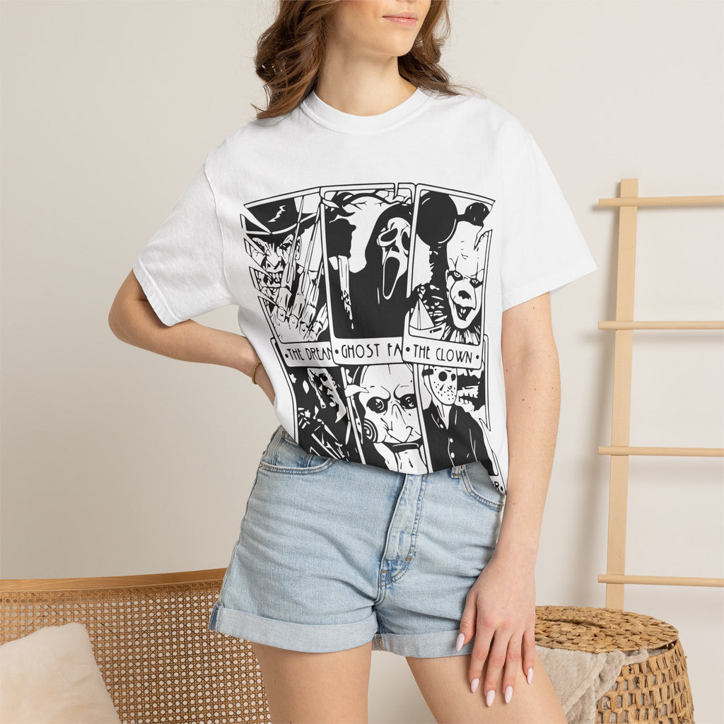 Horror Comic Panel T-Shirt — "The Dream, Ghost, Clown, Slasher, Puppet, Camper" Graphic Tee