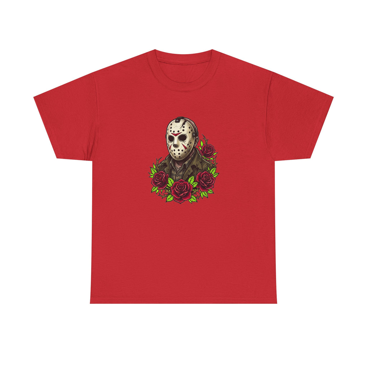 Horror Mask & Roses Tee — Jason-Inspired Skull Mask Graphic T-Shirt for Horror Fans