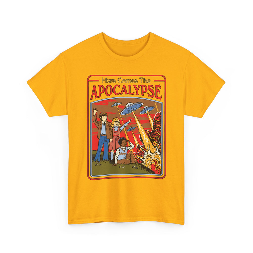 Apocalypse Comic Tee — "Here Comes The Apocalypse" Retro UFO Graphic Shirt