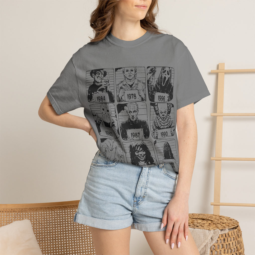 Horror Manga Years Grid T-Shirt — Vintage Anime Faces 1973–2002