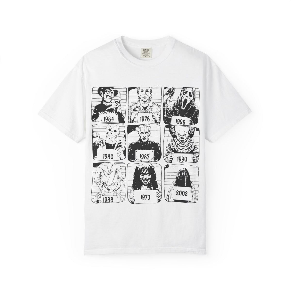 Horror Manga Years Grid T-Shirt — Vintage Anime Faces 1973–2002