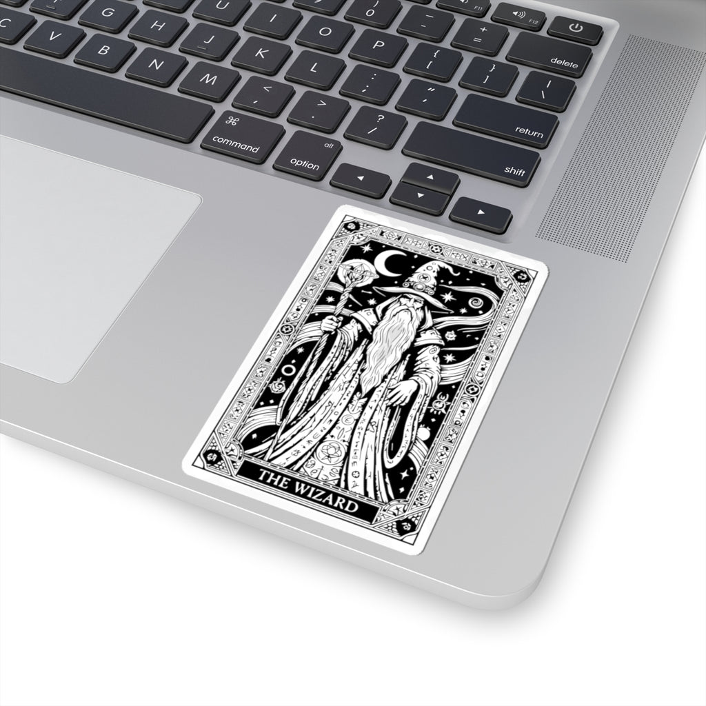 Wizard Tarot Kiss-Cut Sticker — Mystical Black & White Mage Design