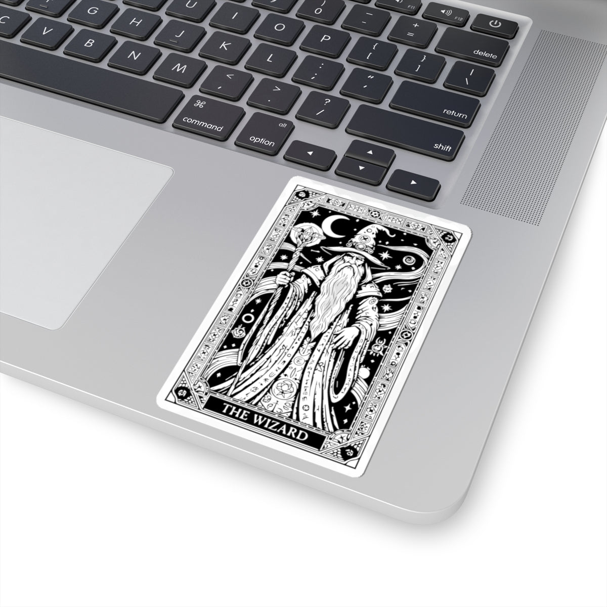 Wizard Tarot Kiss-Cut Sticker — Mystical Black & White Mage Design