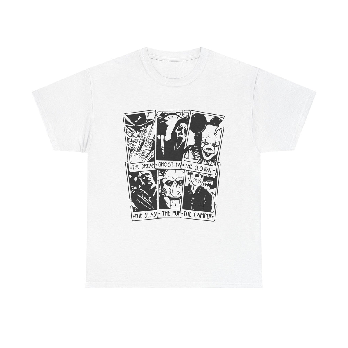Horror Comic Panel T-Shirt — Ghost, Clown & Skull Graphic Tee