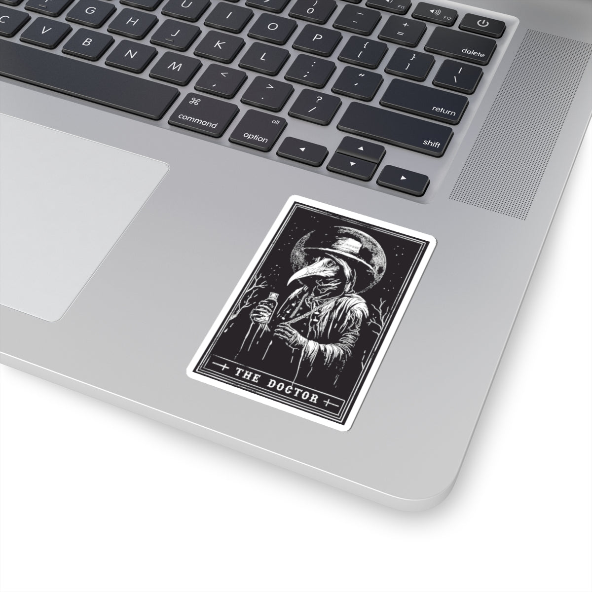 Plague Doctor Tarot-Style Kiss-Cut Sticker — Gothic Vintage Illustration