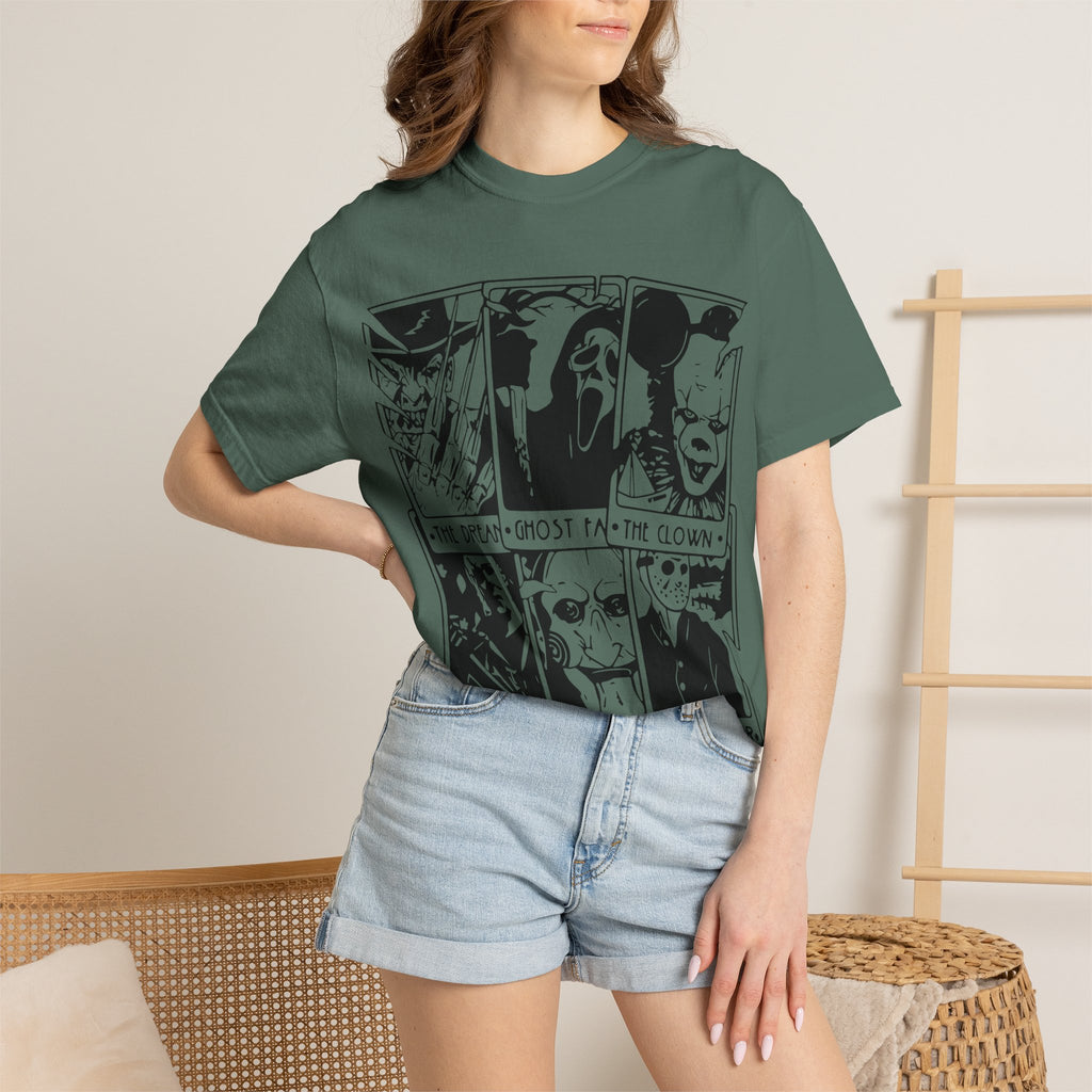 Horror Comic Panel T-Shirt — "The Dream, Ghost, Clown, Slasher, Puppet, Camper" Graphic Tee