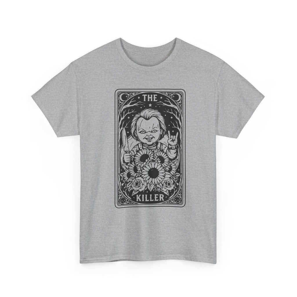 Killer Tarot Tee — Black & White Occult Sunflower Graphic T-Shirt