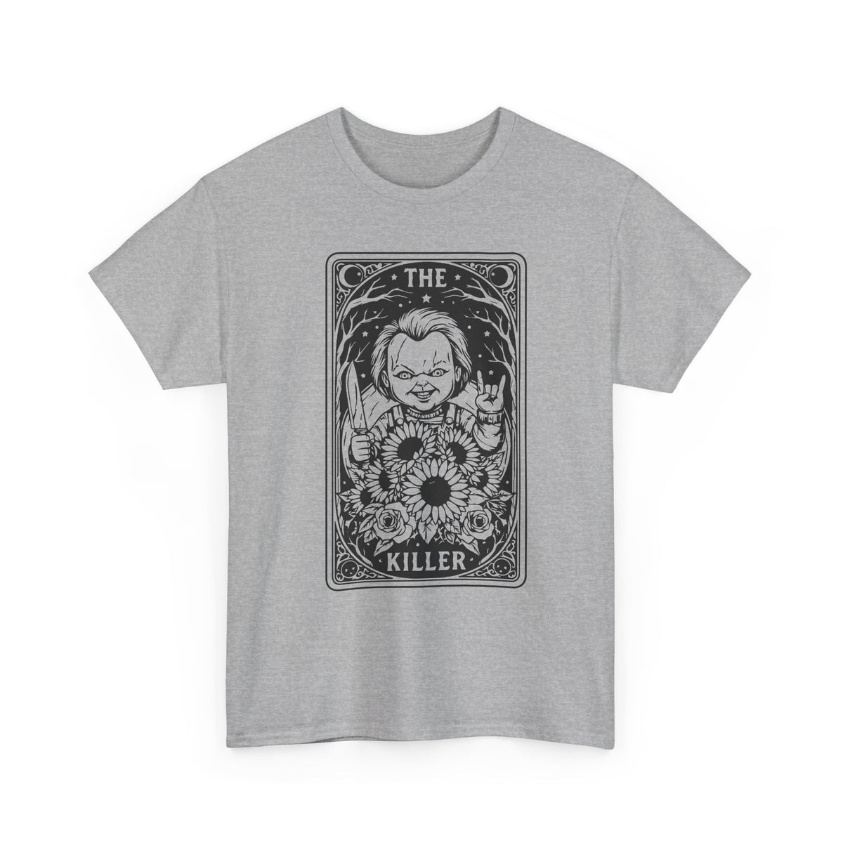 Killer Tarot Tee — Black & White Occult Sunflower Graphic T-Shirt