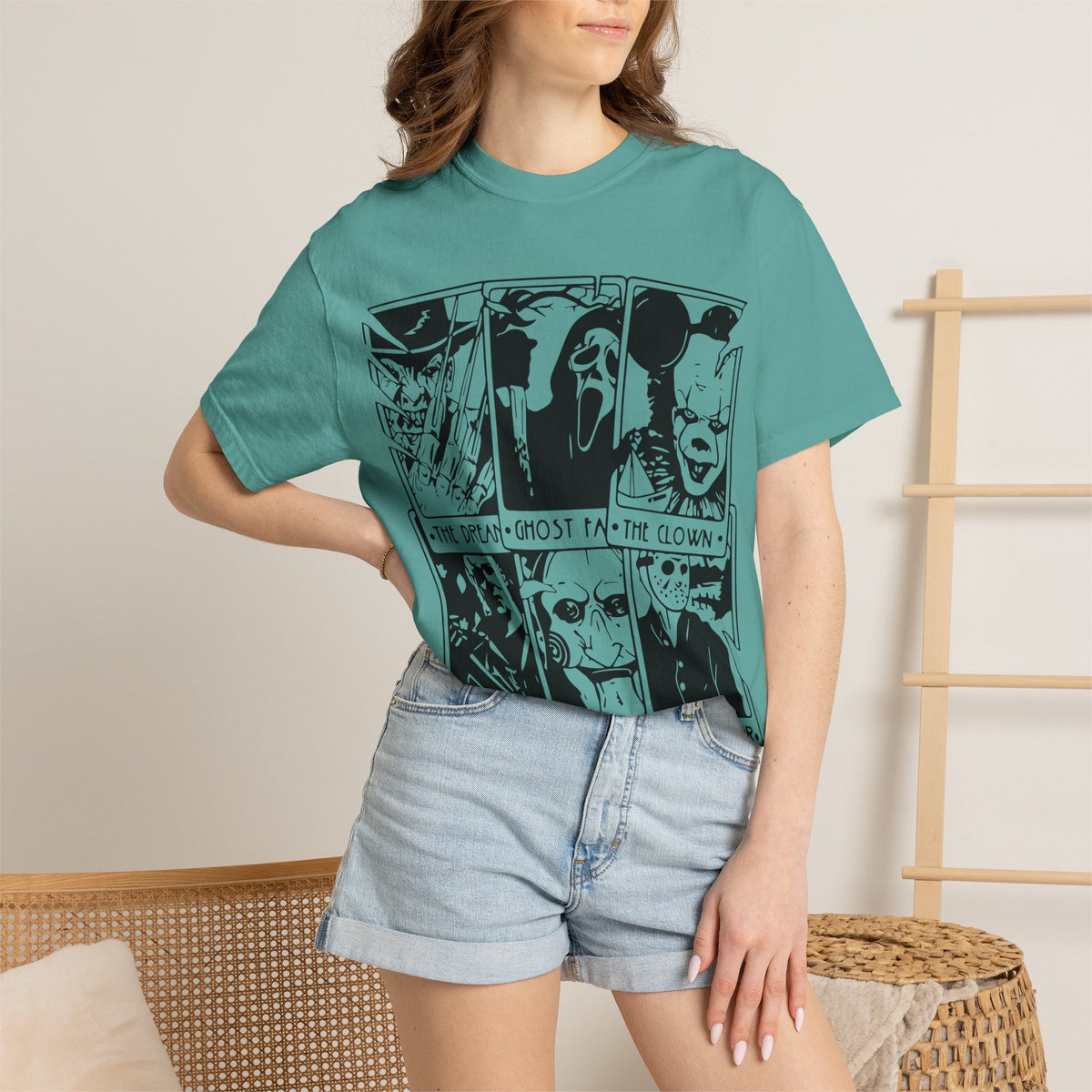Horror Comic Panel T-Shirt — "The Dream, Ghost, Clown, Slasher, Puppet, Camper" Graphic Tee