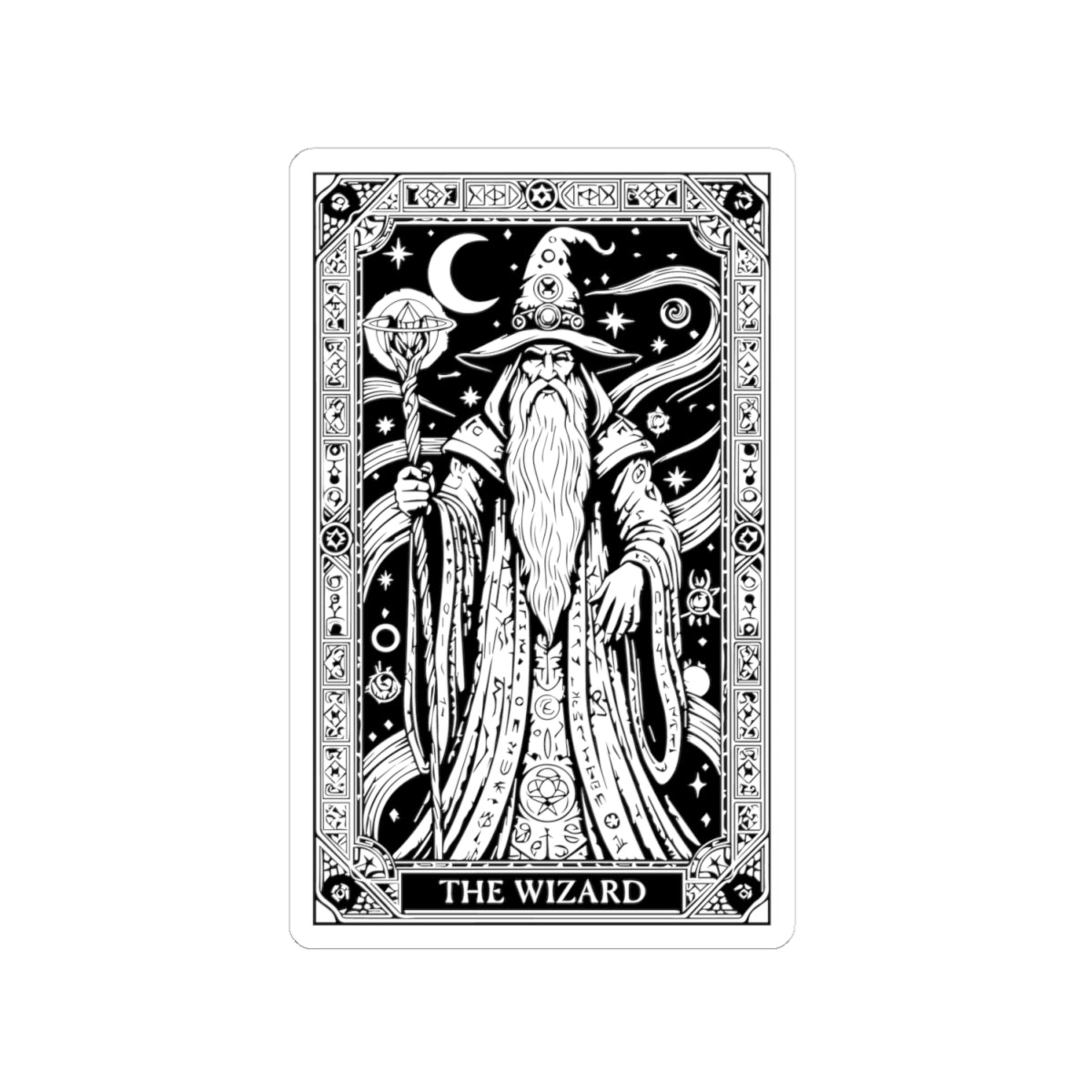 Wizard Tarot Kiss-Cut Sticker — Mystical Black & White Mage Design