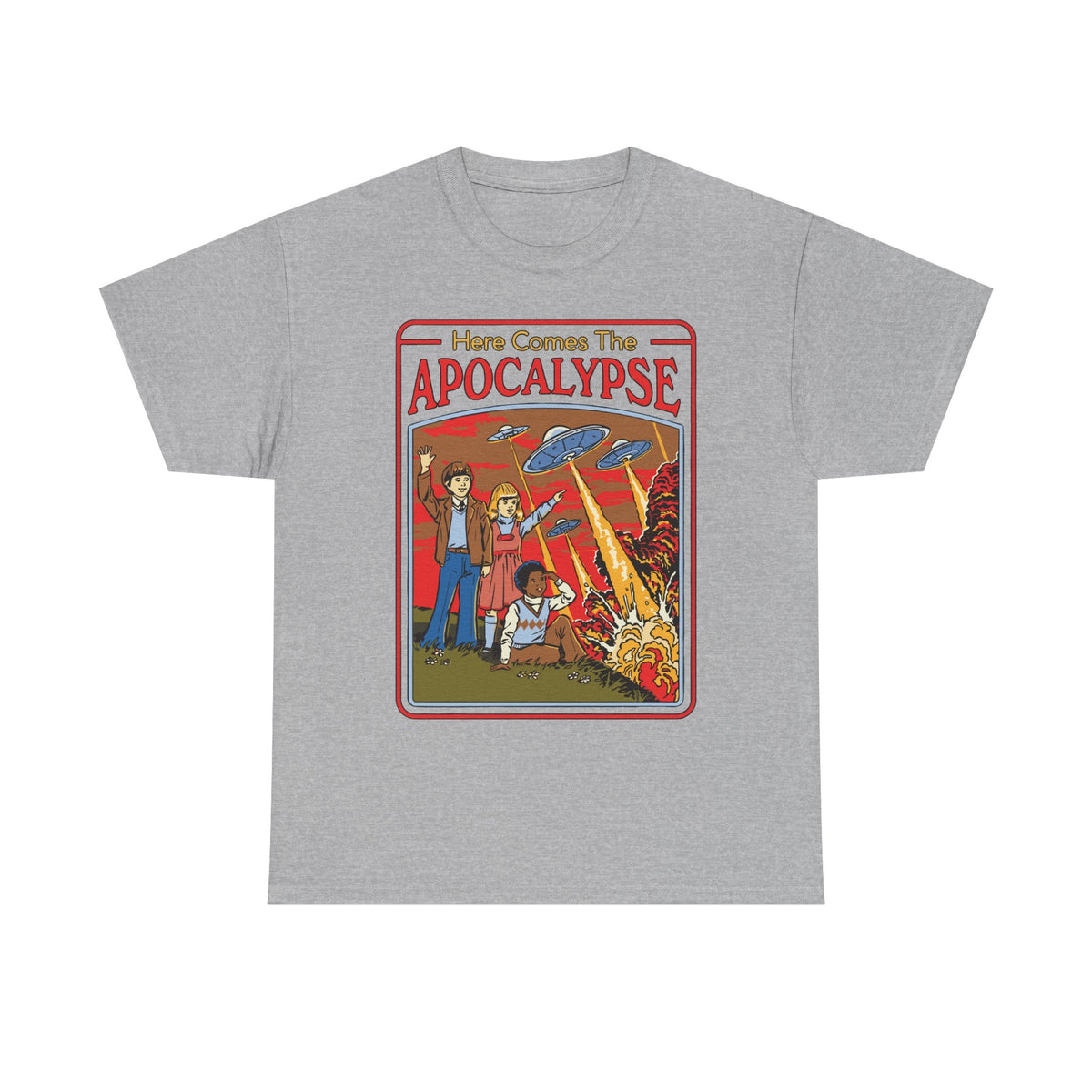Apocalypse Comic Tee — "Here Comes The Apocalypse" Retro UFO Graphic Shirt