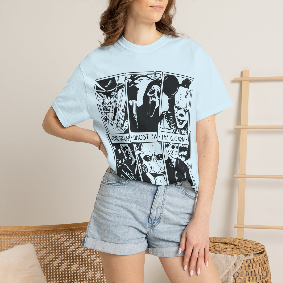 Horror Comic Panel T-Shirt — "The Dream, Ghost, Clown, Slasher, Puppet, Camper" Graphic Tee