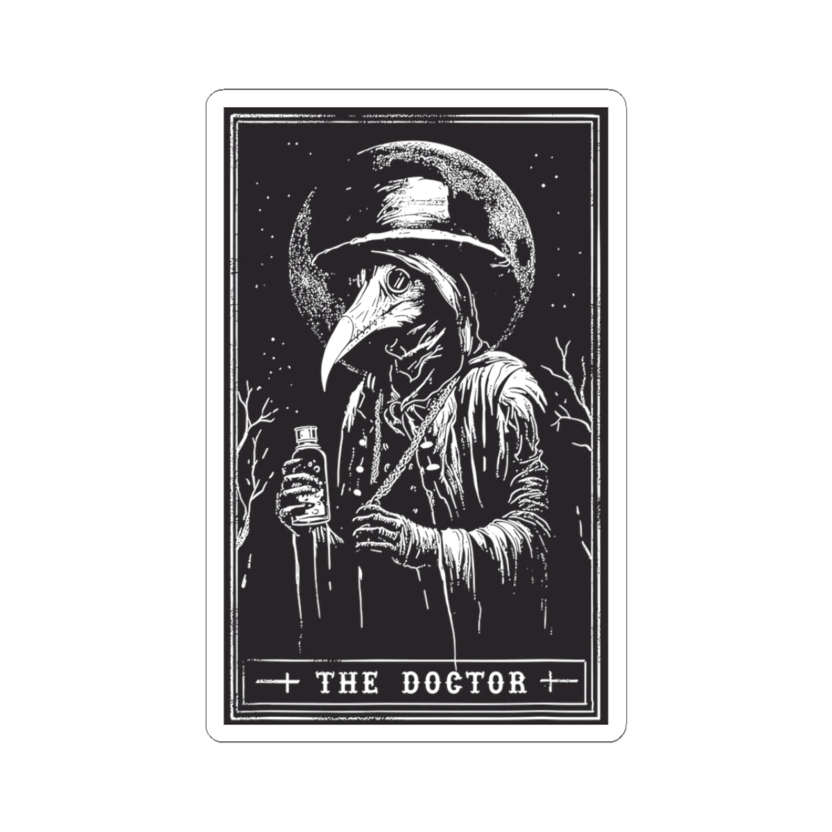 Plague Doctor Tarot-Style Kiss-Cut Sticker — Gothic Vintage Illustration