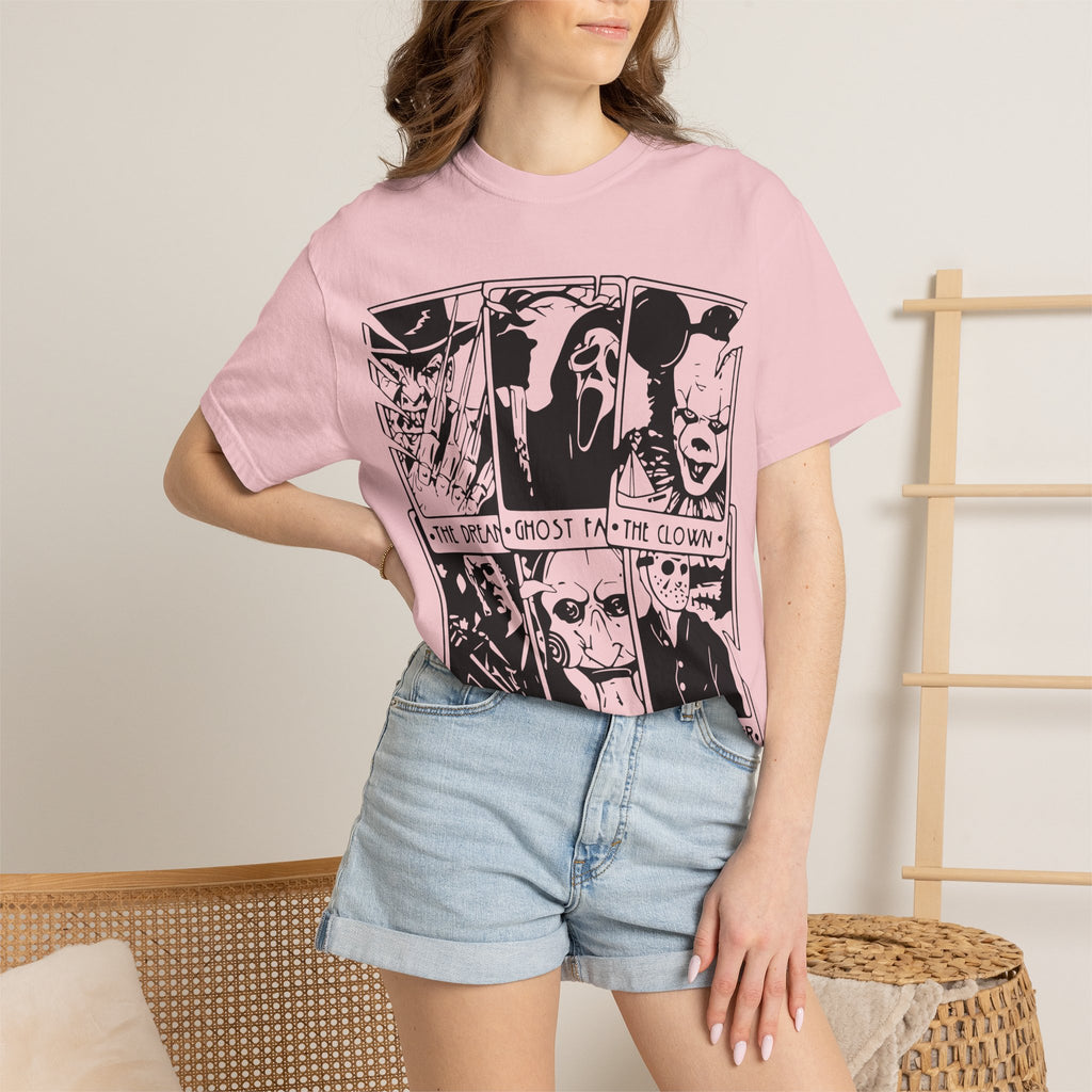 Horror Comic Panel T-Shirt — "The Dream, Ghost, Clown, Slasher, Puppet, Camper" Graphic Tee