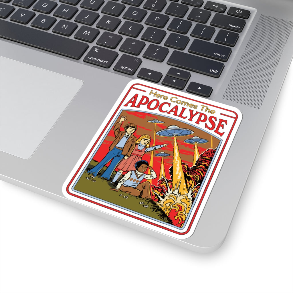 Here Comes the Apocalypse Sticker — Retro UFO & Explosion Kiss-Cut Decal