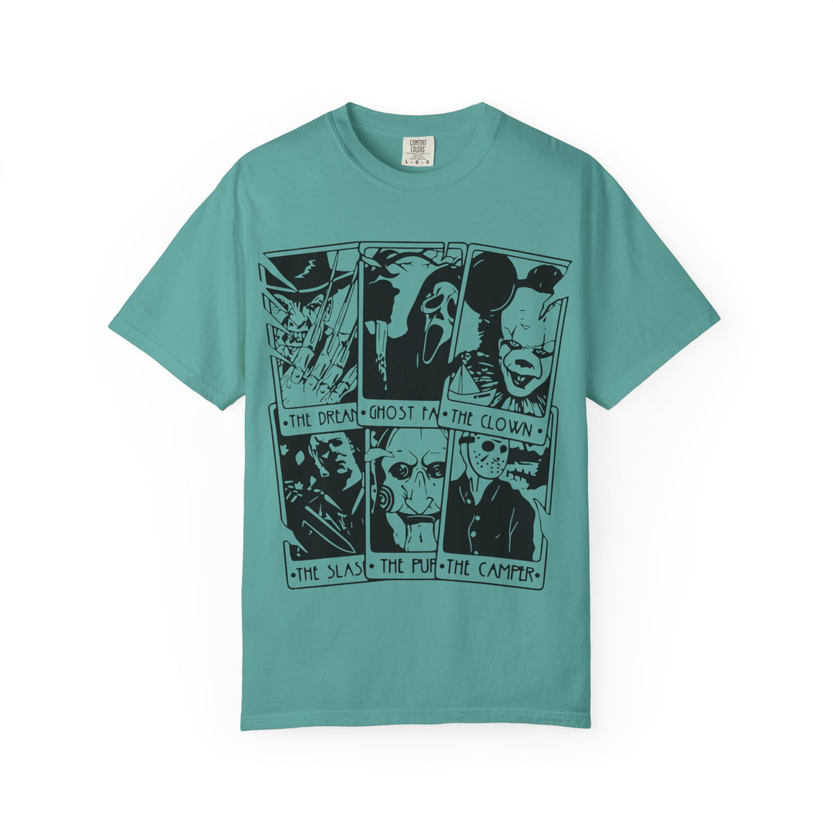 Horror Comic Panel T-Shirt — "The Dream, Ghost, Clown, Slasher, Puppet, Camper" Graphic Tee