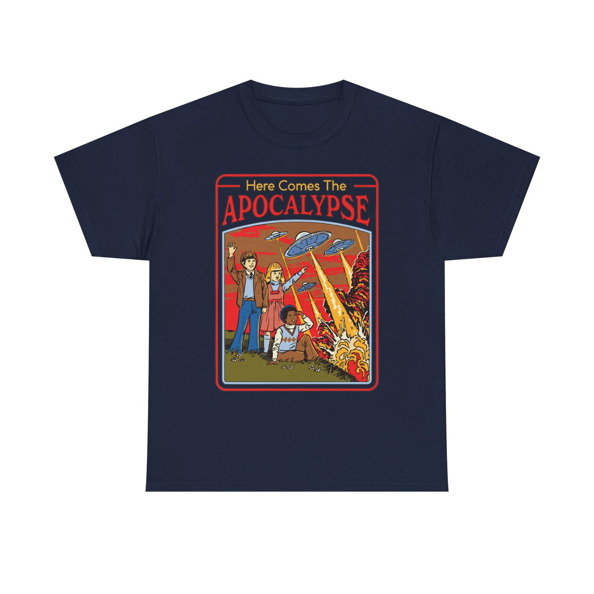 Apocalypse Comic Tee — "Here Comes The Apocalypse" Retro UFO Graphic Shirt