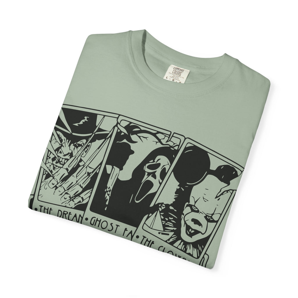 Horror Comic Panel T-Shirt — "The Dream, Ghost, Clown, Slasher, Puppet, Camper" Graphic Tee