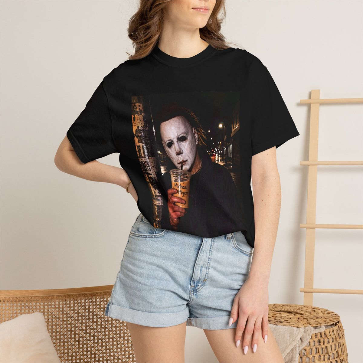 Horror Mask Photo T-Shirt — Michael-Style Mask Drinking Design