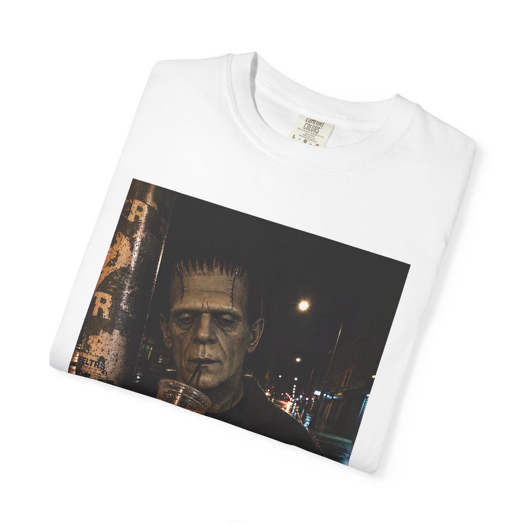 Frankenstein Nightlife Graphic T‑Shirt — Vintage Monster Drinking Photo Tee
