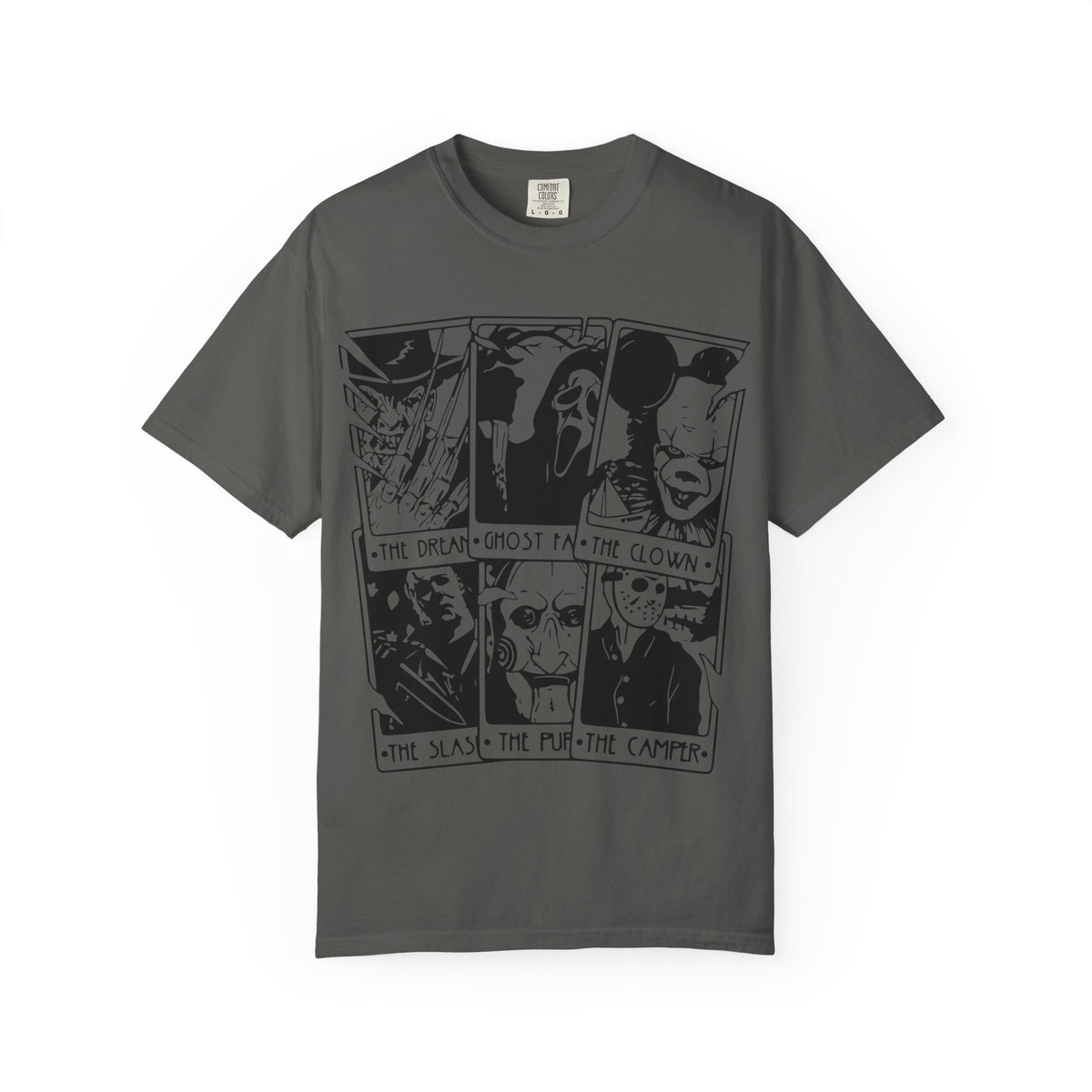 Horror Comic Panel T-Shirt — "The Dream, Ghost, Clown, Slasher, Puppet, Camper" Graphic Tee